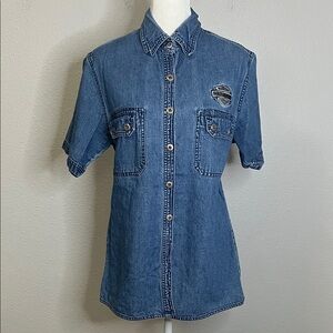 Harley Embroidered Denim Button Down Shirt Size Medium